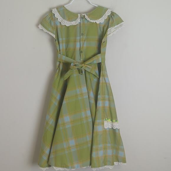 1970s Nostalgic Plaid Eyelet Lace Girls Dress Size 10 - Picture 9 of 12